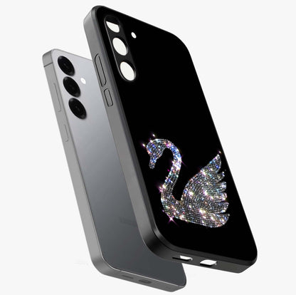 Starlit Swan Grace Glass Case displayed in angled mockup highlighting elegant swan illustration with dreamy celestial aesthetic.