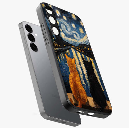 Starry River Cats Glass Case displayed in angled mockup highlighting charming feline illustration with dreamy night aesthetic.