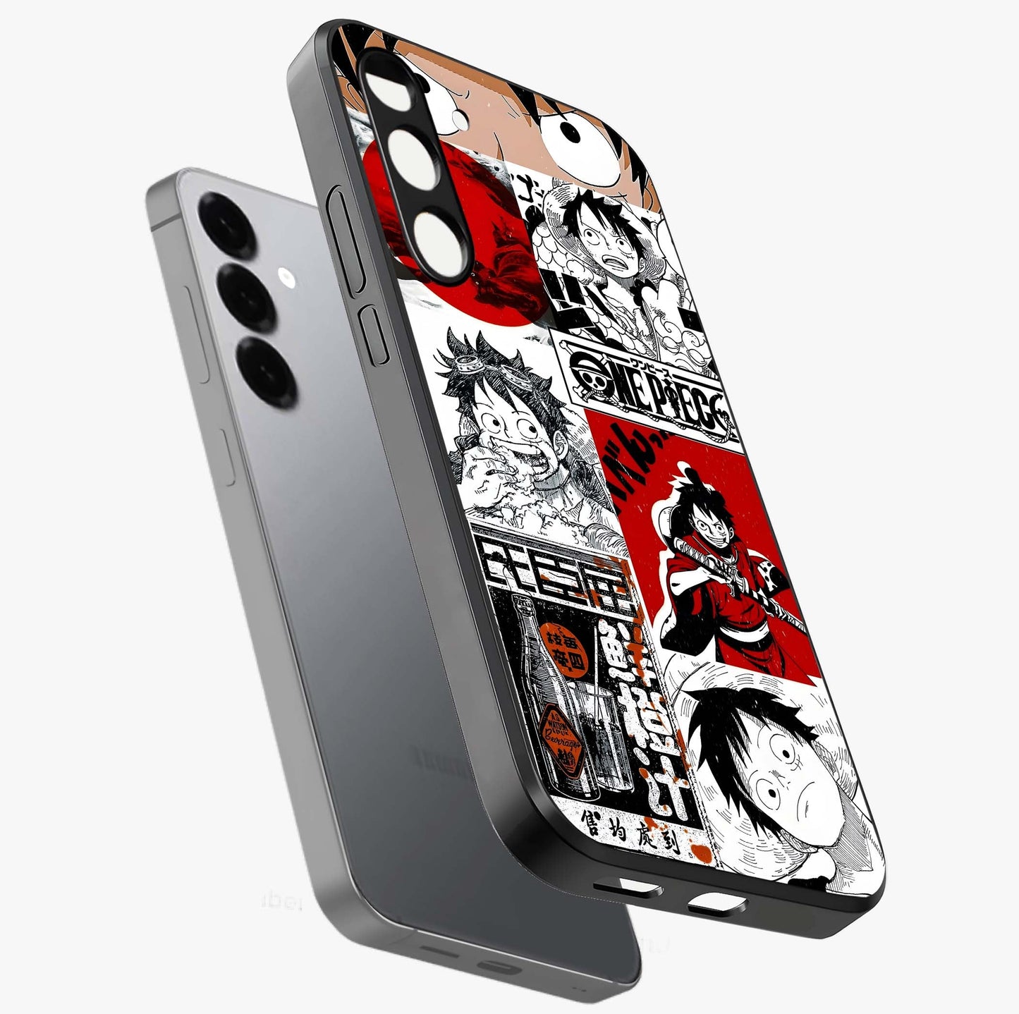 Strawhat Chaos Panels Glass Case displayed in angled mockup highlighting vibrant anime collage design with action aesthetic.
