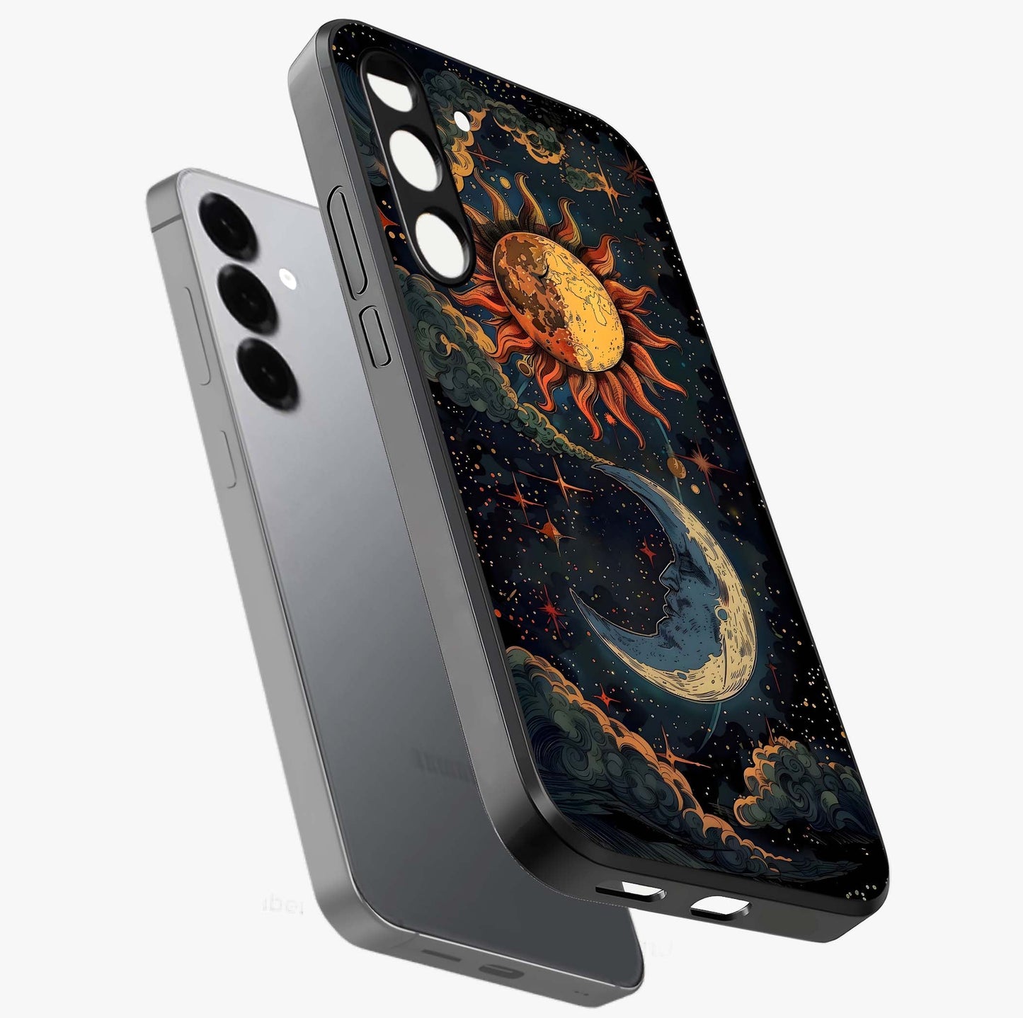 Sun And Moon Magic Design Glass Case displayed in angled mockup highlighting celestial design with magical cosmic aesthetic.