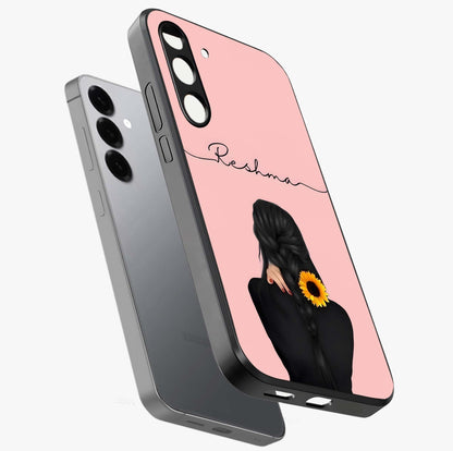 Sunflower Braid Beauty With Custom Name Glass Case displayed in angled mockup highlighting elegant sunflower design with custom name feature.
