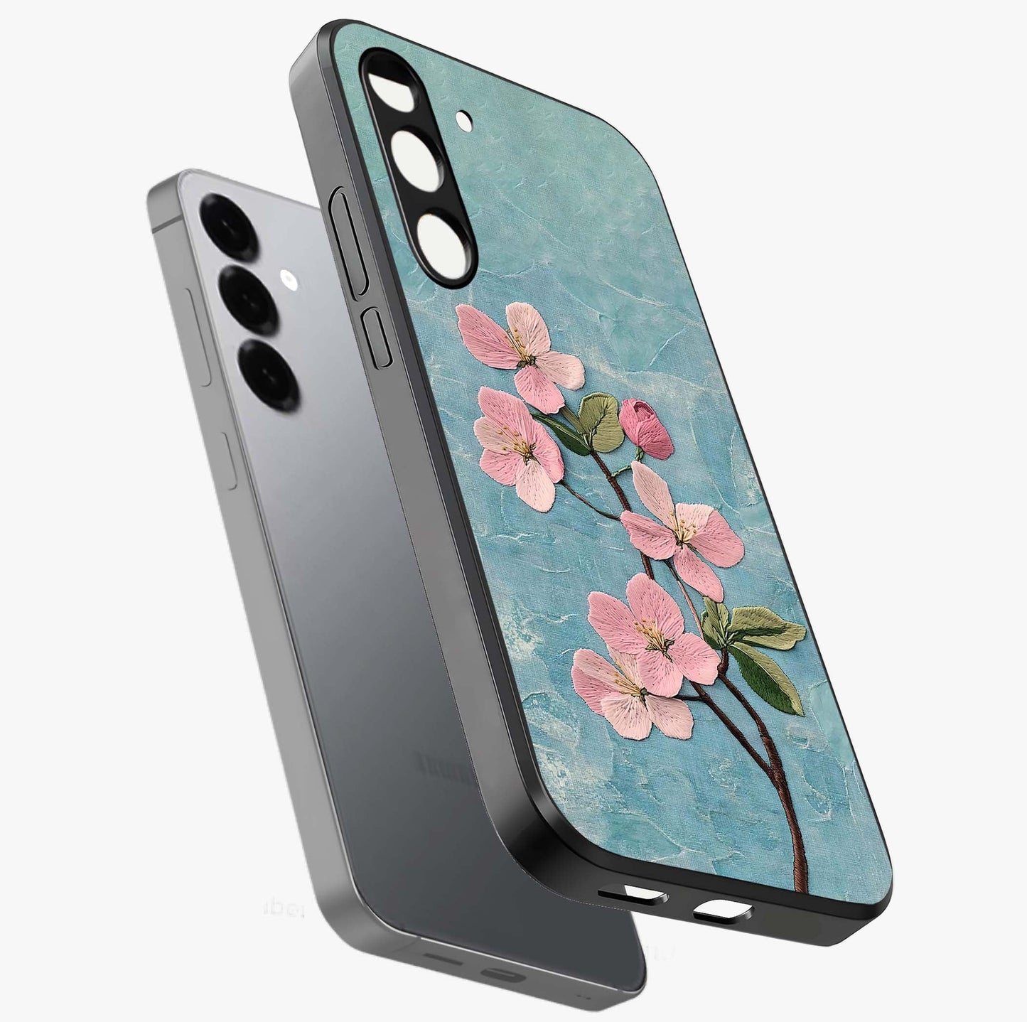 Threaded Blossom Breeze Glass Case displayed in angled mockup highlighting elegant floral design with soft aesthetic style.