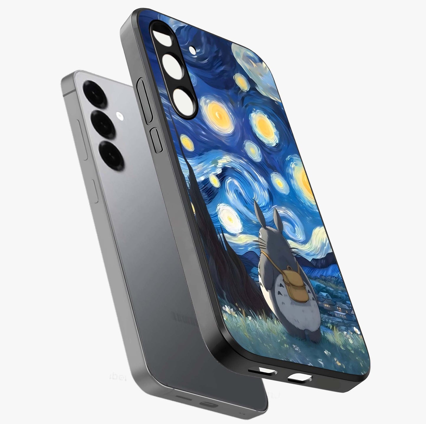 Totoro In Van Gogh Art Glass Case displayed in angled mockup highlighting artistic swirling sky design with playful animation aesthetic.