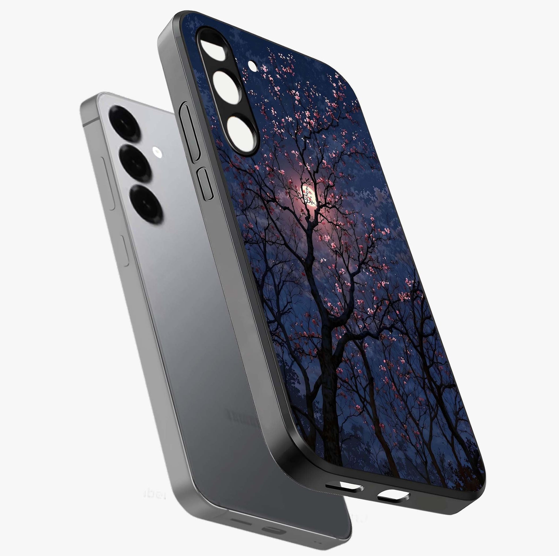 Twilight Sakura Serenade Glass Case displayed in angled mockup highlighting delicate sakura flower design with dreamy aesthetic.