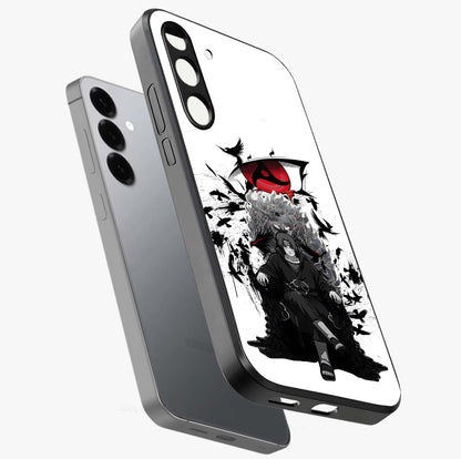 Uchiha Shadow Throne Glass Case displayed in angled mockup highlighting glowing aquatic design with celestial aesthetic.