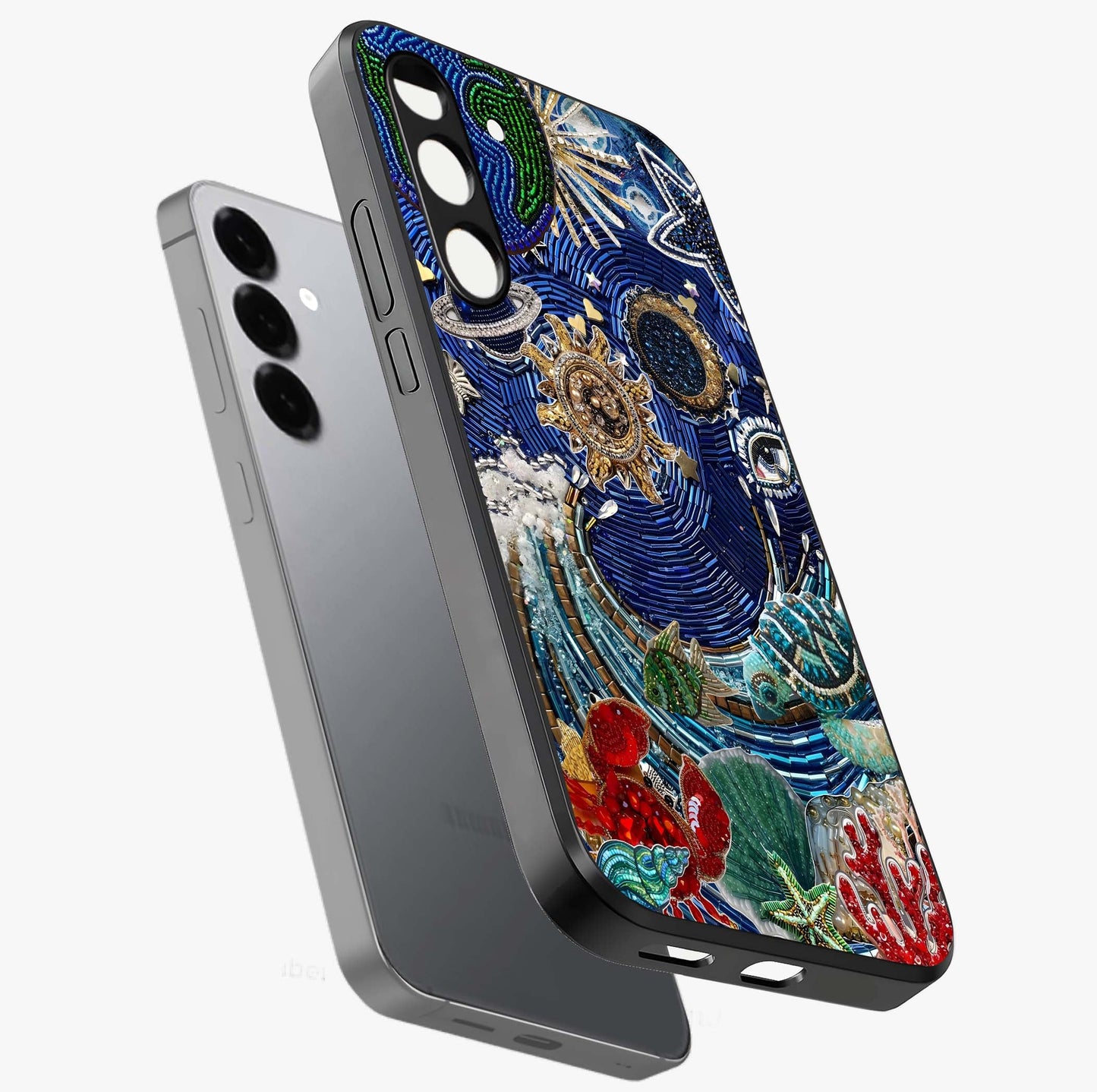 Universe Underwater Spark Glass Case displayed in angled mockup highlighting glowing aquatic design with celestial aesthetic.