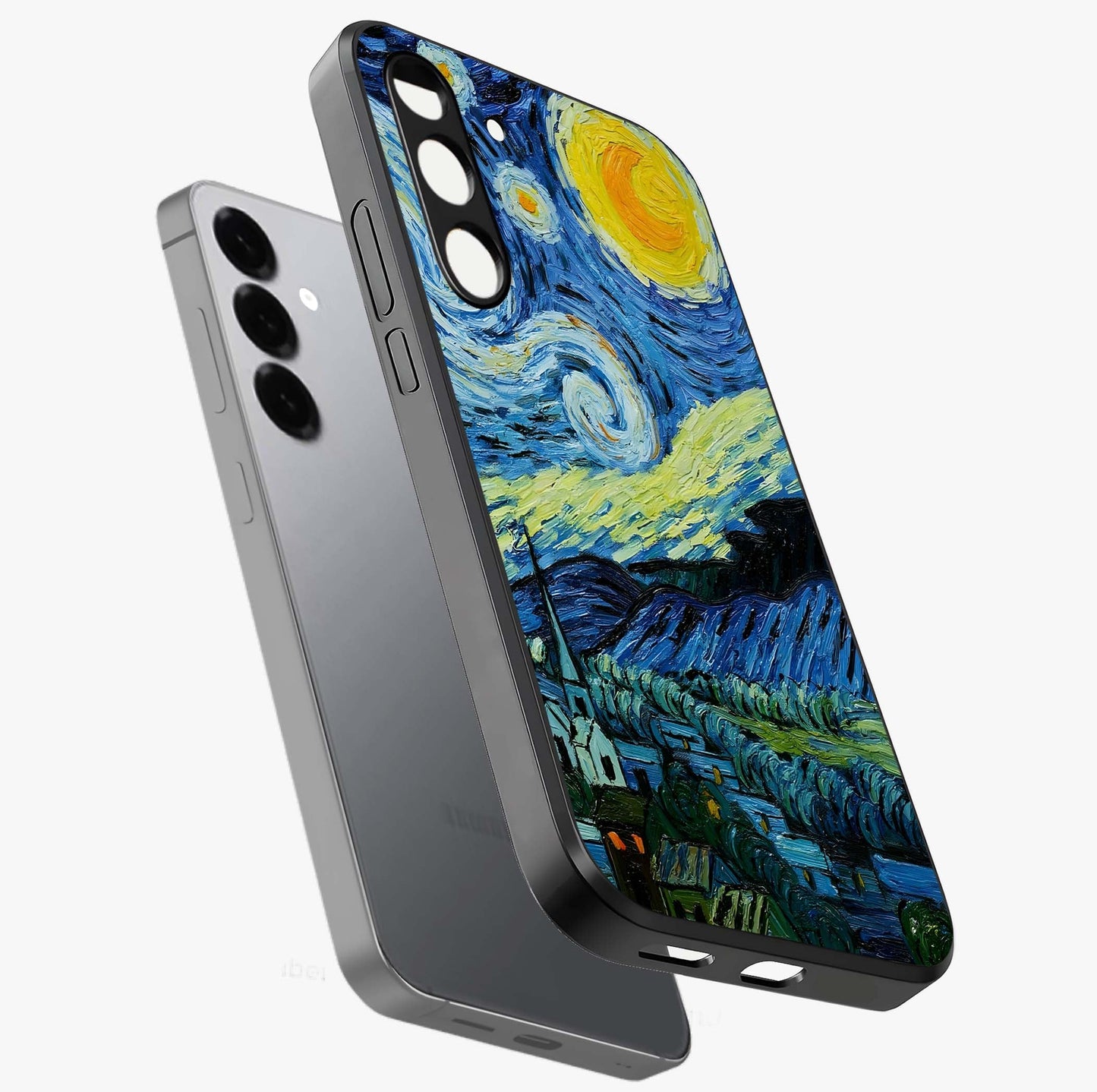 Van Gogh Art Glass Case displayed in angled mockup highlighting swirling brushstroke design with artistic aesthetic.