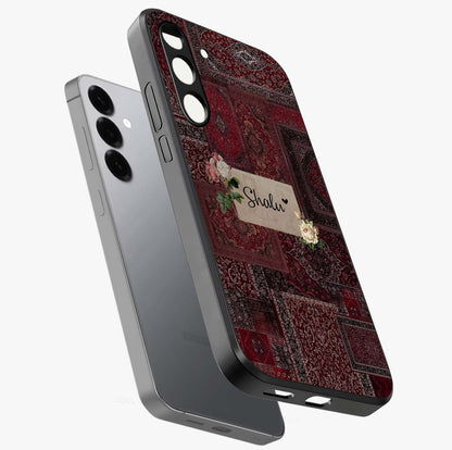 Velvet Wine Pattern Custom Name Glass Case displayed in angled mockup highlighting decorative velvet inspired design with custom name feature.