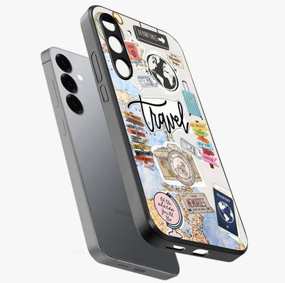 Wanderlust Journal Glass Case displayed in angled mockup highlighting adventure themed design with aesthetic travel vibe.