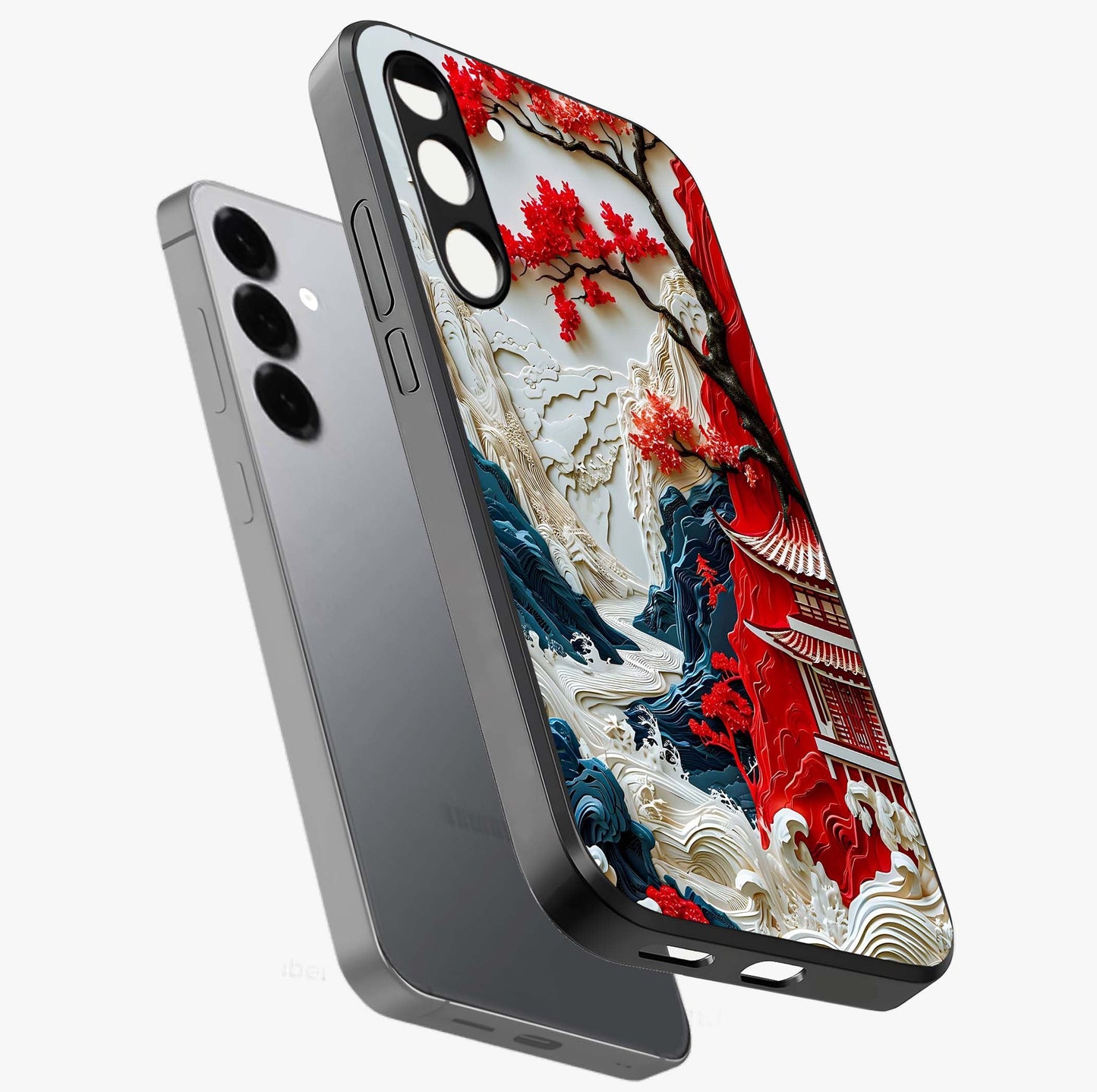 Whispers Of Sakura Waves Glass Case displayed in angled mockup highlighting flowing sakura design with soft floral aesthetic.