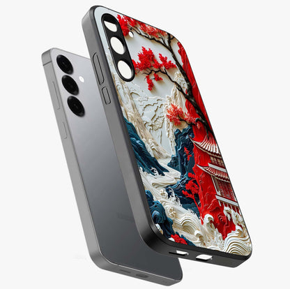 Whispers Of Sakura Waves Glass Case displayed in angled mockup highlighting flowing sakura design with soft floral aesthetic.