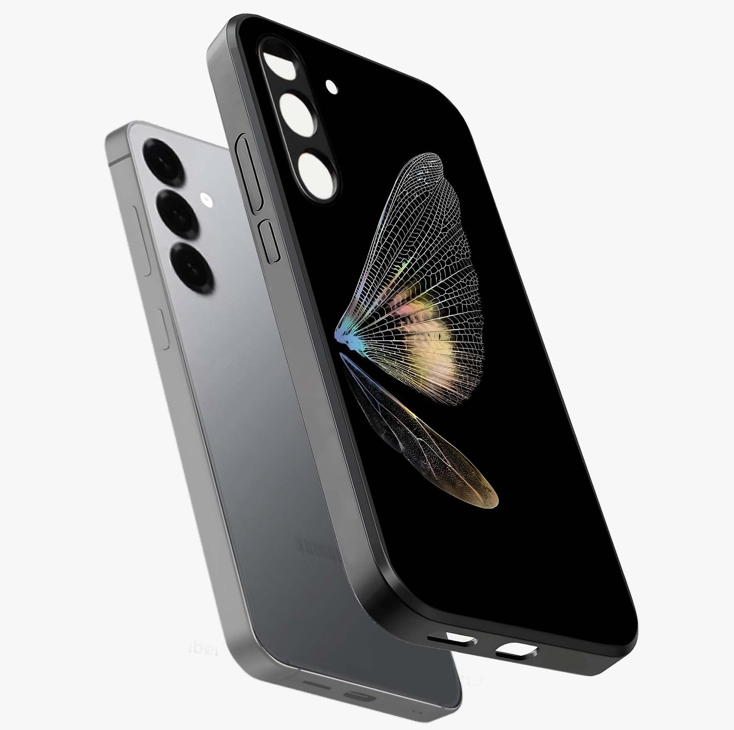Whispers Of Wings Glass Case displayed in angled mockup highlighting soft feather design with celestial aesthetic style.