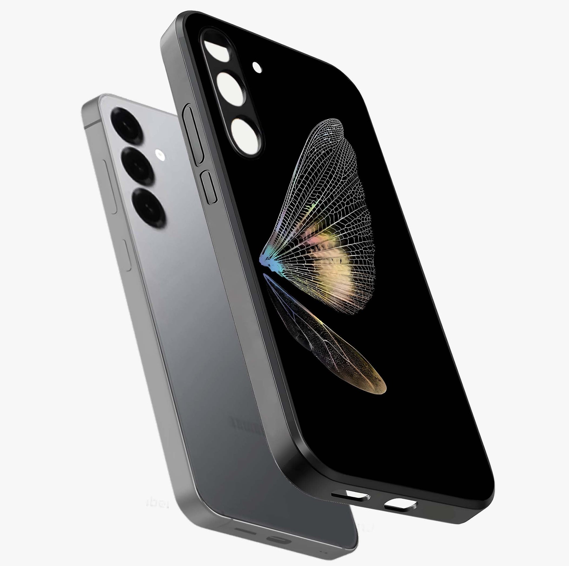 Whispers Of Wings Glass Case displayed in angled mockup highlighting soft feather design with celestial aesthetic style.