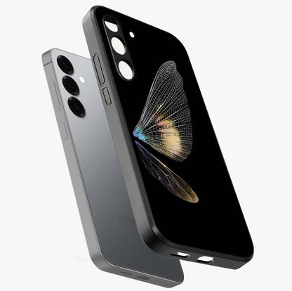 Whispers Of Wings Glass Case displayed in angled mockup highlighting soft feather design with celestial aesthetic style.