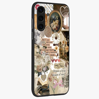 Aesthetic Brown Vintage Collage Glass Case upright view showcasing nostalgic retro artwork with stylish vintage theme.