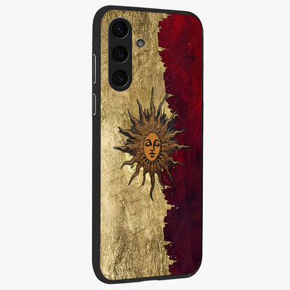 Crimson Sun Majesty Glass Case upright view showcasing vibrant sun artwork with powerful celestial theme.