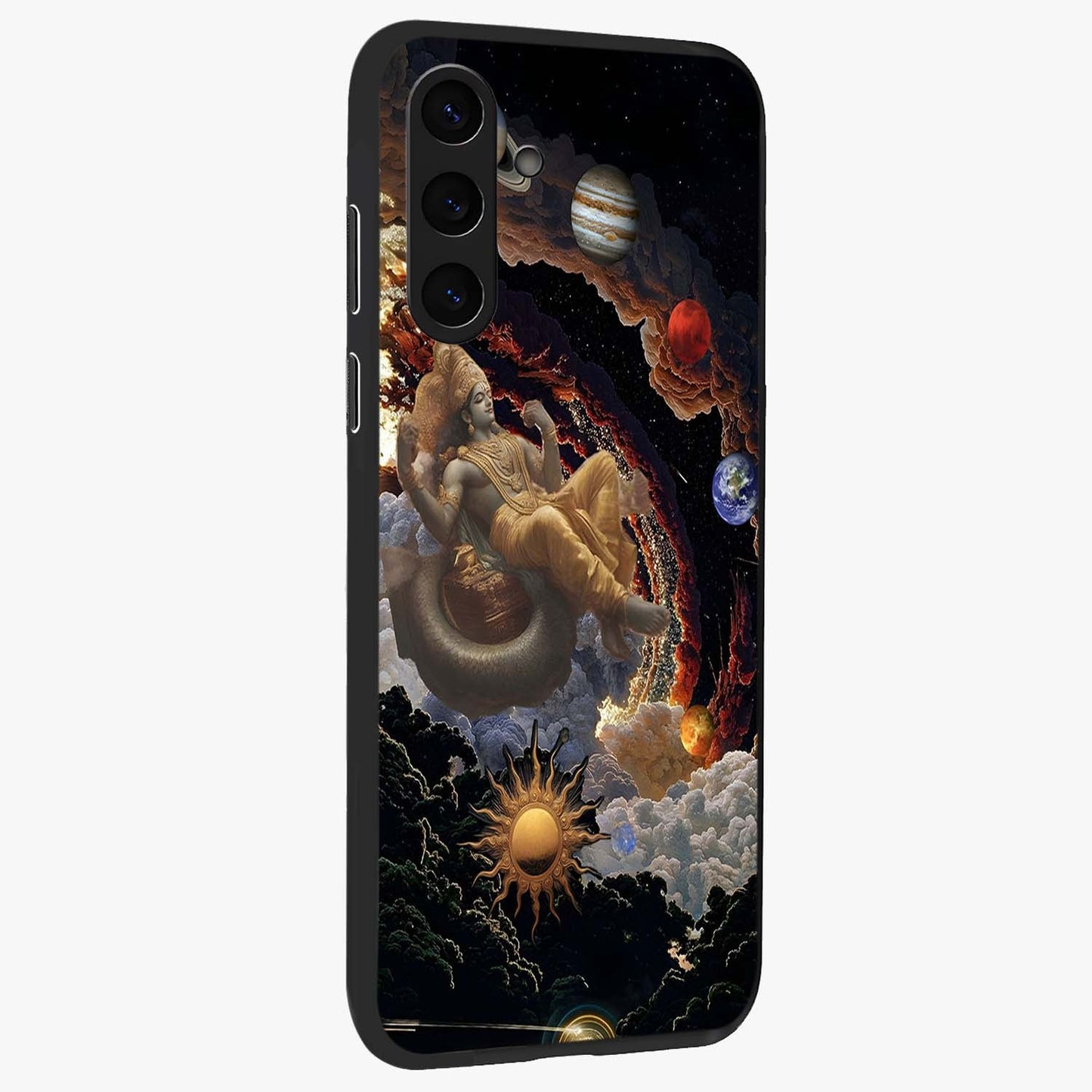 Galactic Divine God Glass Case upright view showcasing mystical divine artwork with dramatic cosmic theme.