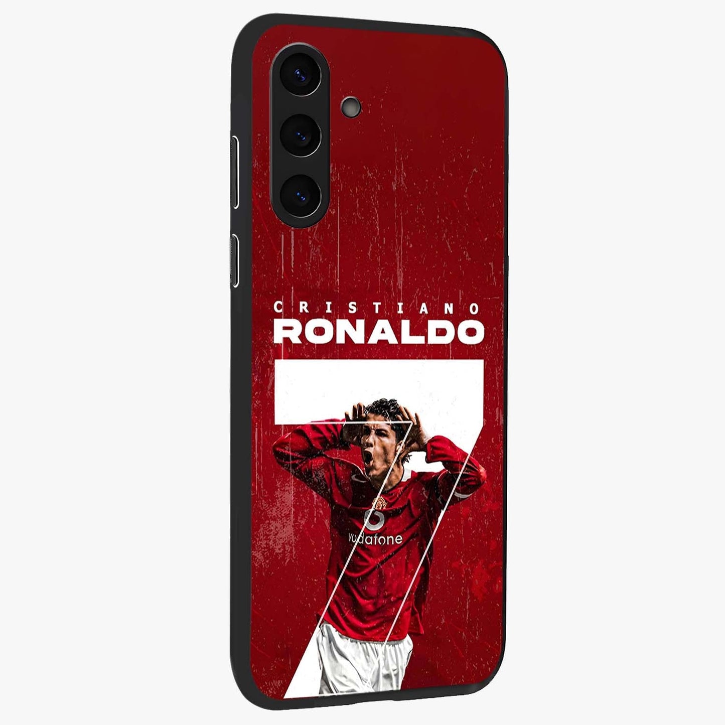 Goal Celebration Legacy Glass Case upright view showcasing dynamic football inspired artwork with victory celebration aesthetic.
