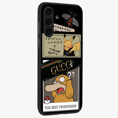 Gucci Play Mashup Glass Case upright view showcasing trendy luxury inspired artwork with modern fashion theme.