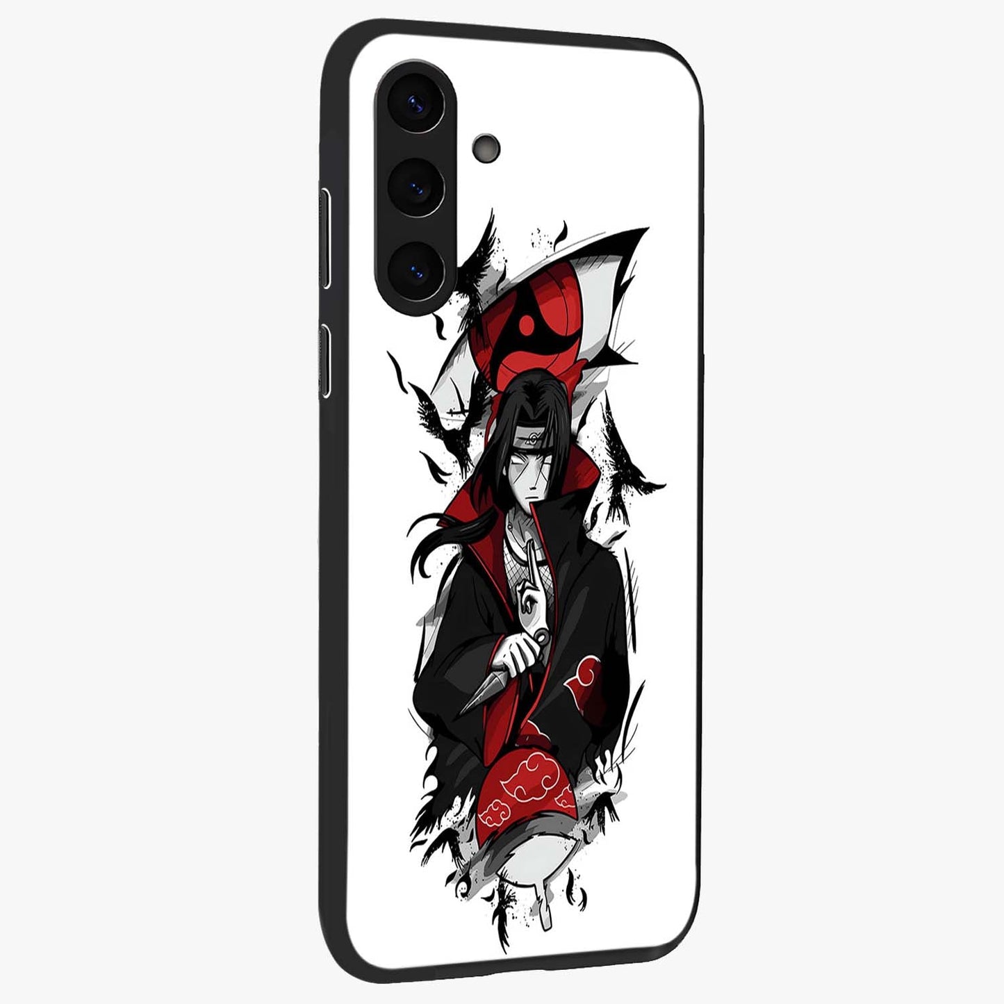 Itachi Sharingan Glass Case upright view showcasing intense anime eye artwork with bold character theme.