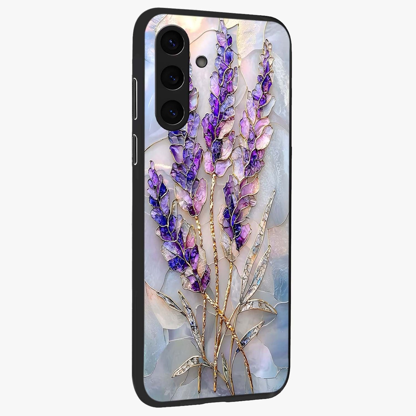 Lavender Dream Glow Glass Case upright view showcasing radiant lavender glow artwork with calming dreamy theme.
