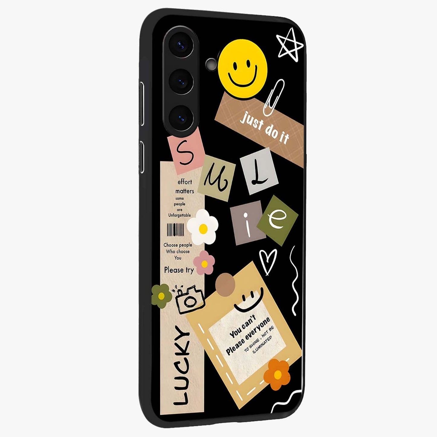 Lucky Aesthetic Collage Glass Case upright view showcasing vibrant collage artwork with youthful aesthetic theme.