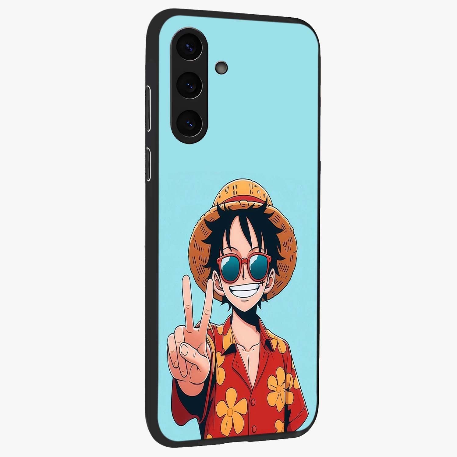 Luffy Summer Anime Vibe Glass Case upright view showcasing dynamic anime artwork with bright adventurous theme.
