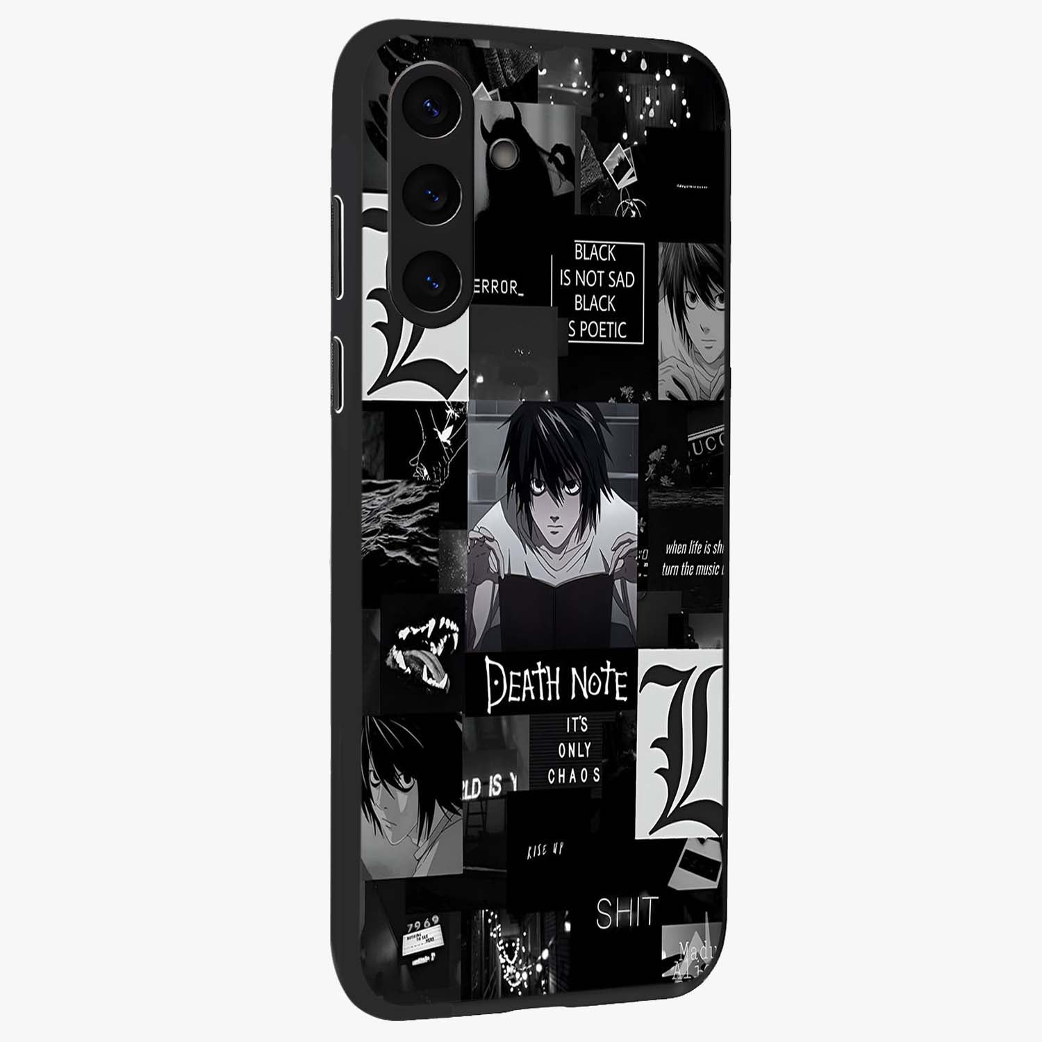 Midnight Chaos Mind Glass Case upright view showcasing expressive abstract artwork with bold dark theme.