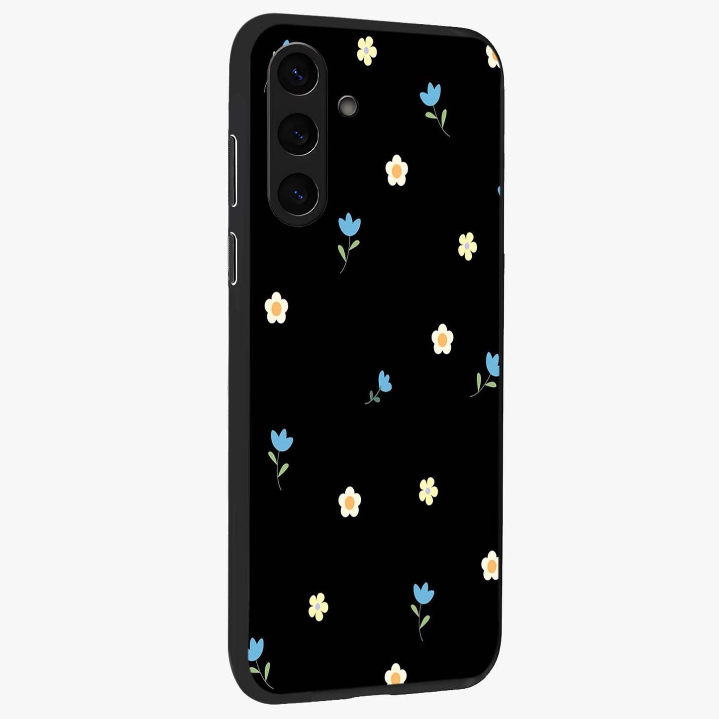 Minimal Petal Whispers Glass Case upright view showcasing elegant floral artwork with modern minimalist style.