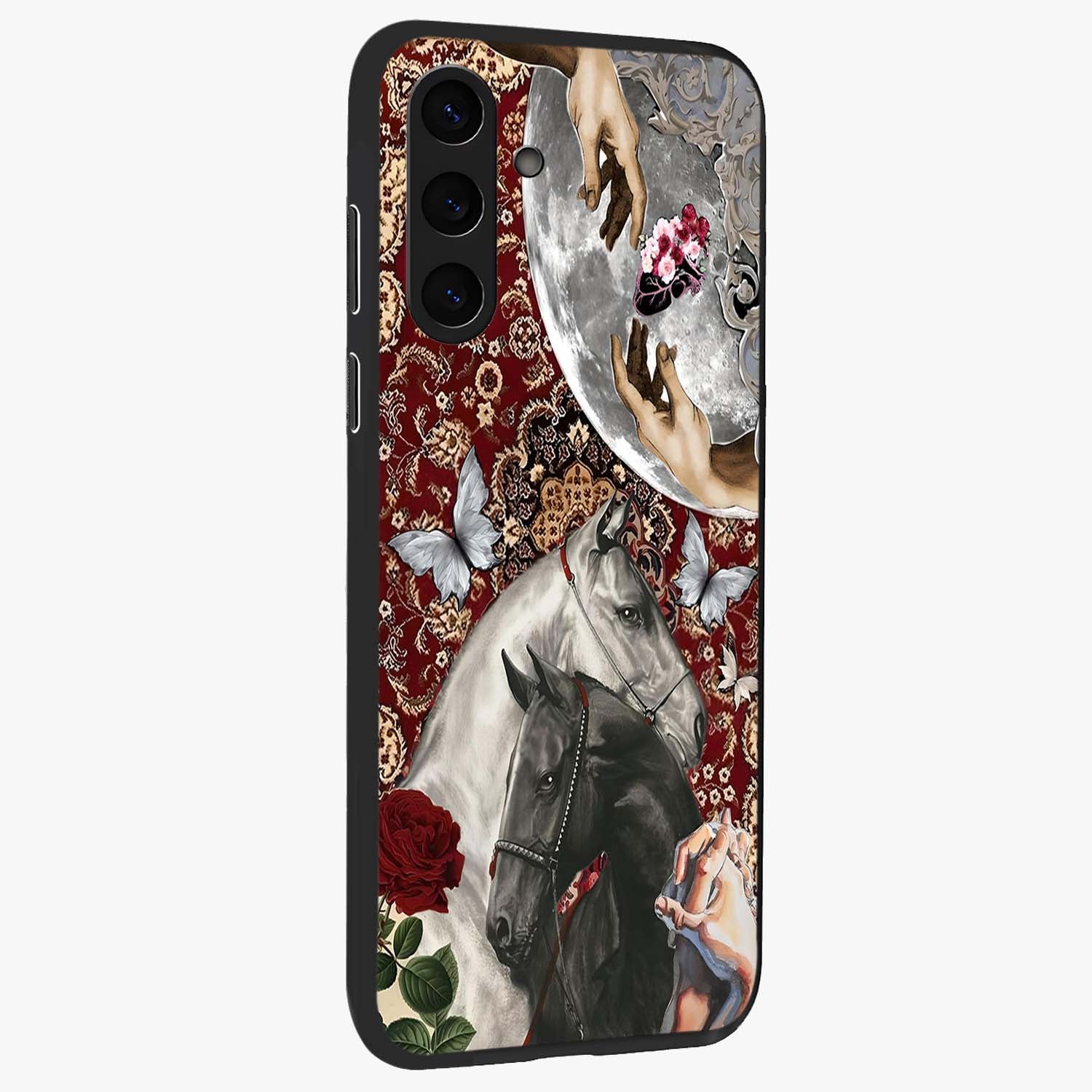 Moonlit Royal Stallion Glass Case upright view showcasing dramatic horse artwork with glowing moon themed design.