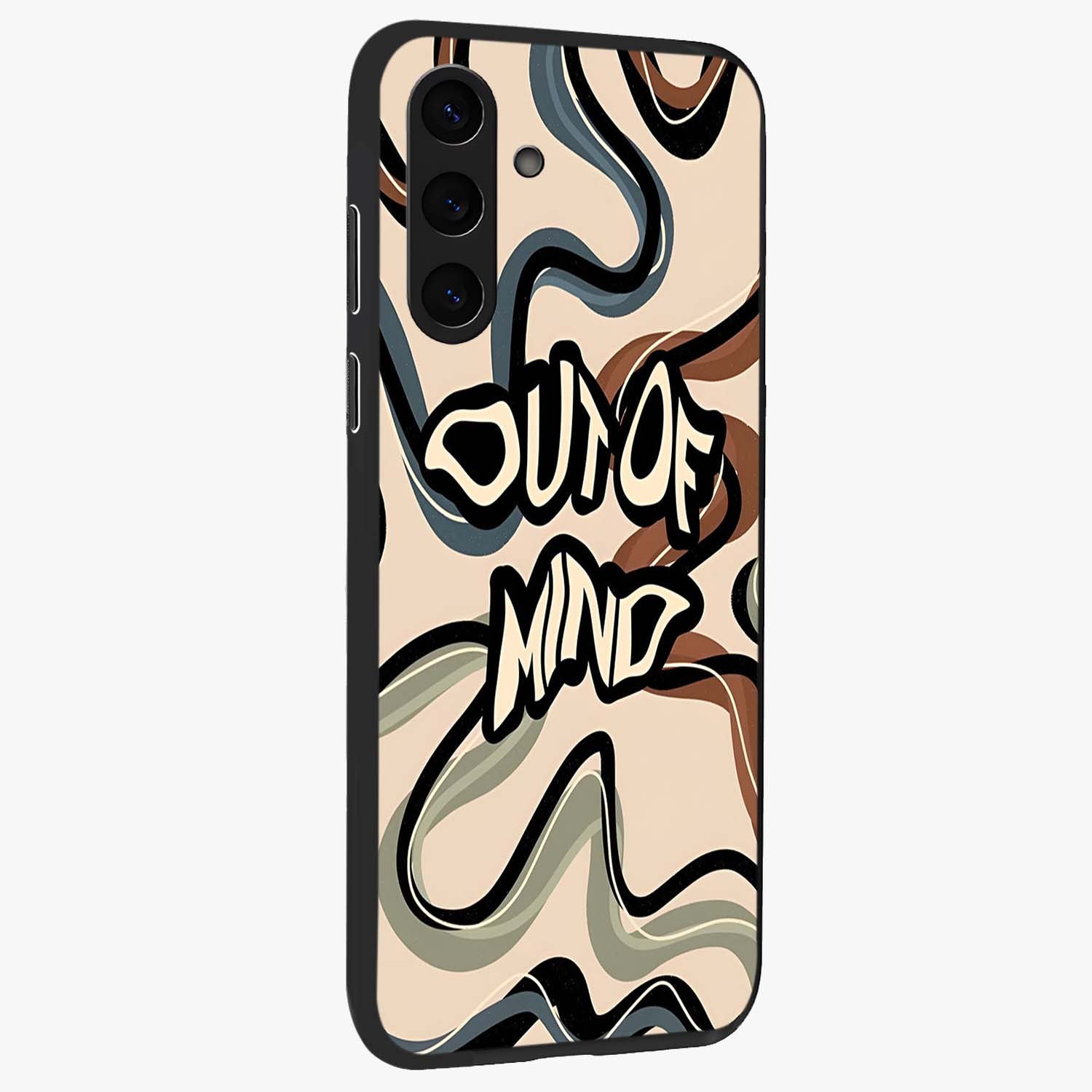 Out Of Mind Glass Case upright view showcasing striking typography artwork with edgy conceptual theme.