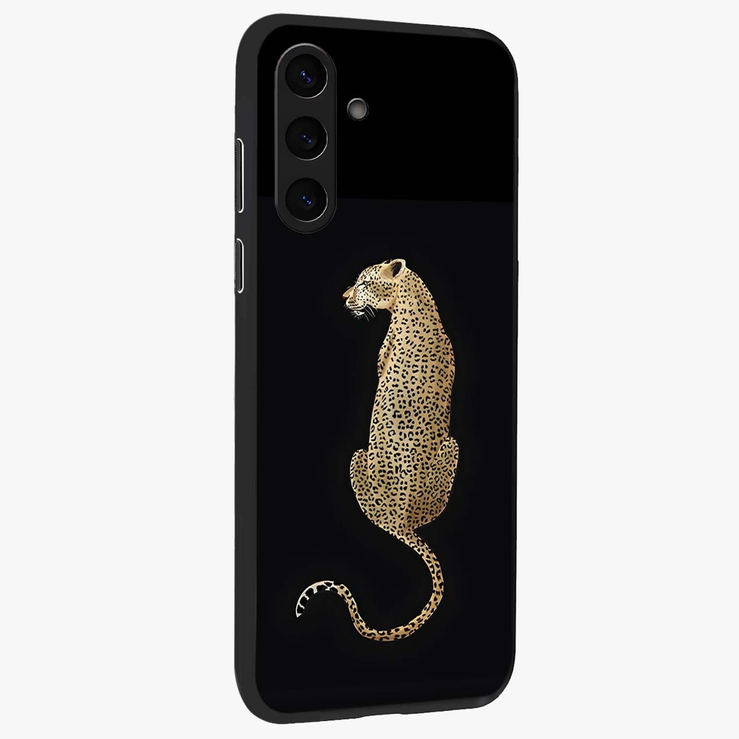 Regal Leopard Glass Case upright view showcasing striking leopard artwork with fierce wildlife theme.