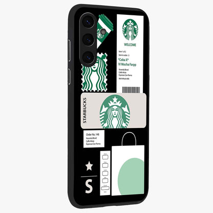 Starbucks Mocha Glass Case upright view showcasing trendy coffee inspired artwork with modern lifestyle theme.
