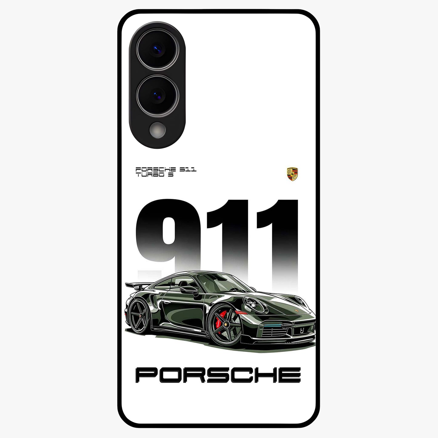 911 Turbo Dominance Glass Case showing clean flat back view with bold 911 sports car artwork and glossy glass finish.
