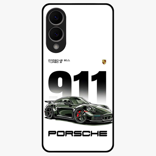 911 Turbo Dominance Glass Case showing clean flat back view with bold 911 sports car artwork and glossy glass finish.