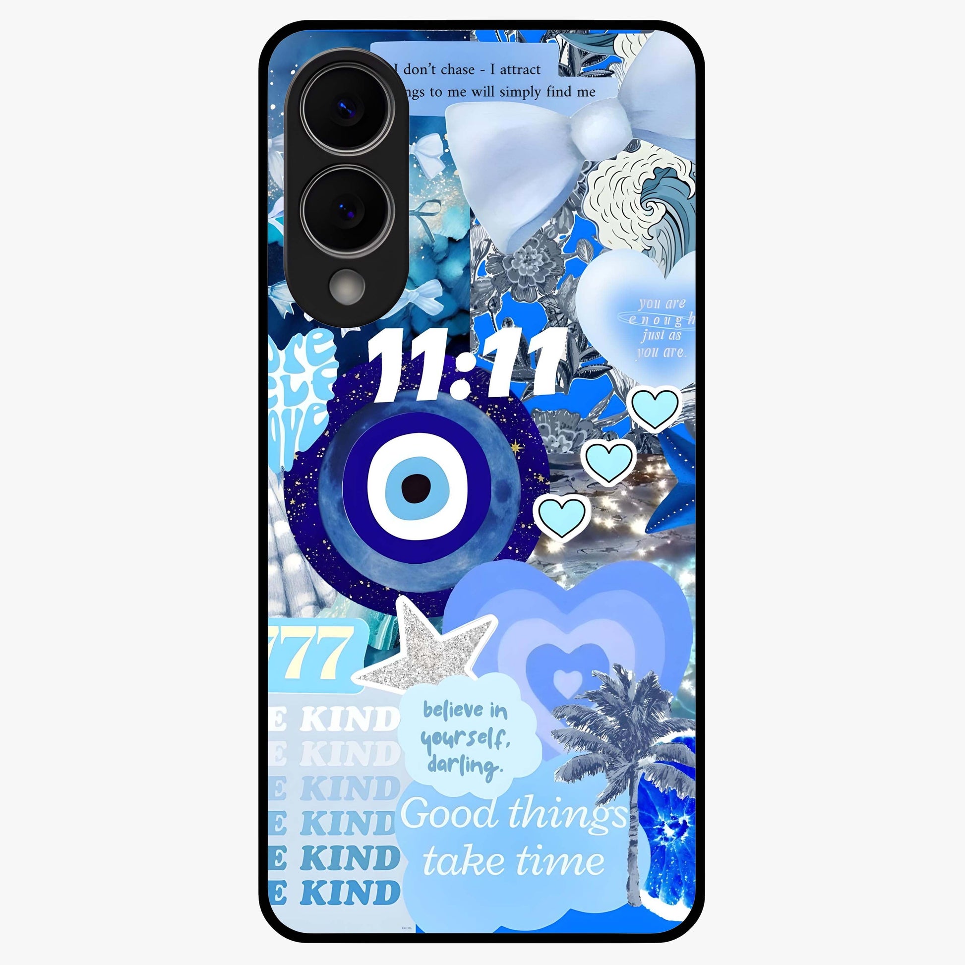Aesthetic Be Kind Eye Glass Case showing flat back view with motivational eye artwork and glossy glass finish.