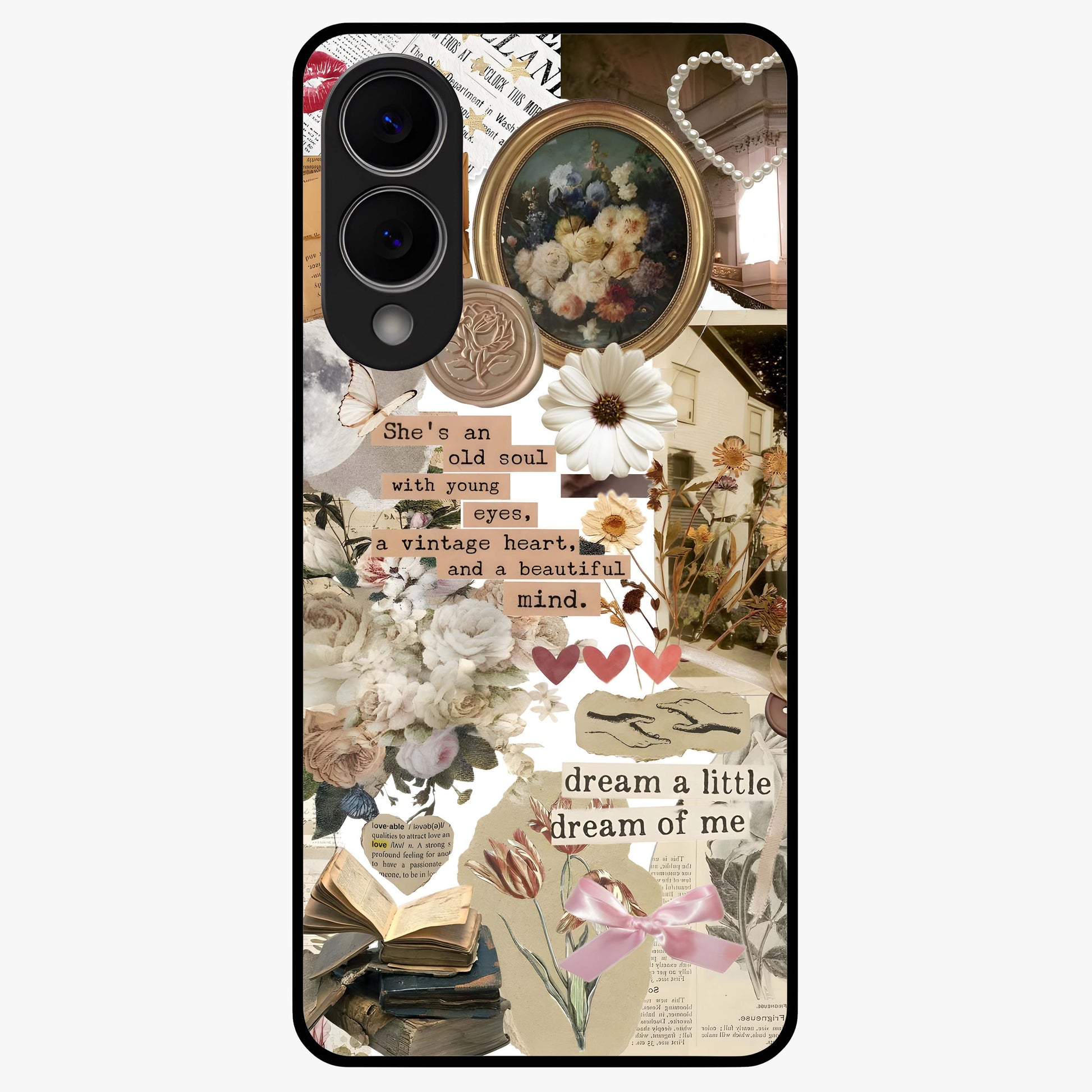 Aesthetic Brown Vintage Collage Glass Case showing flat back view with retro collage artwork and glossy glass finish.
