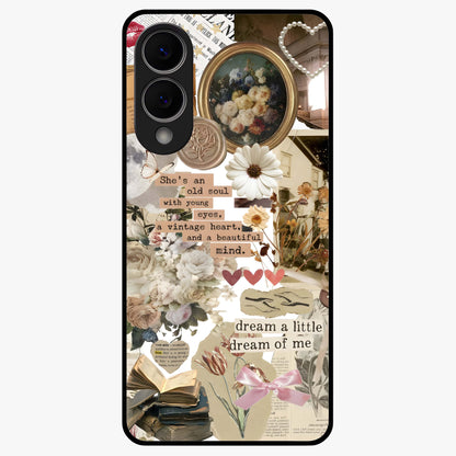 Aesthetic Brown Vintage Collage Glass Case showing flat back view with retro collage artwork and glossy glass finish.