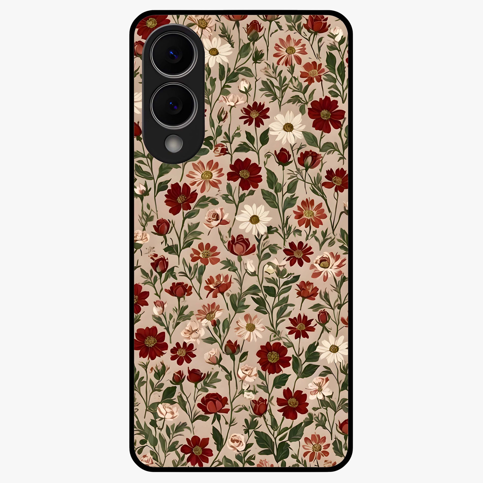 Biege Flower With Leaf Glass Case showing flat back view with soft beige floral artwork and glossy glass finish.