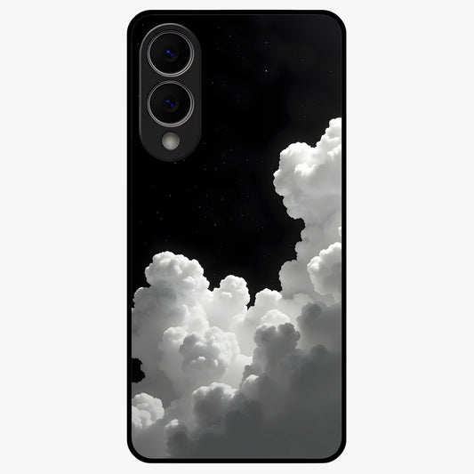 Black Background With White Cloud Glass Case showing flat back view with minimal cloud artwork on dark background and glossy glass finish.