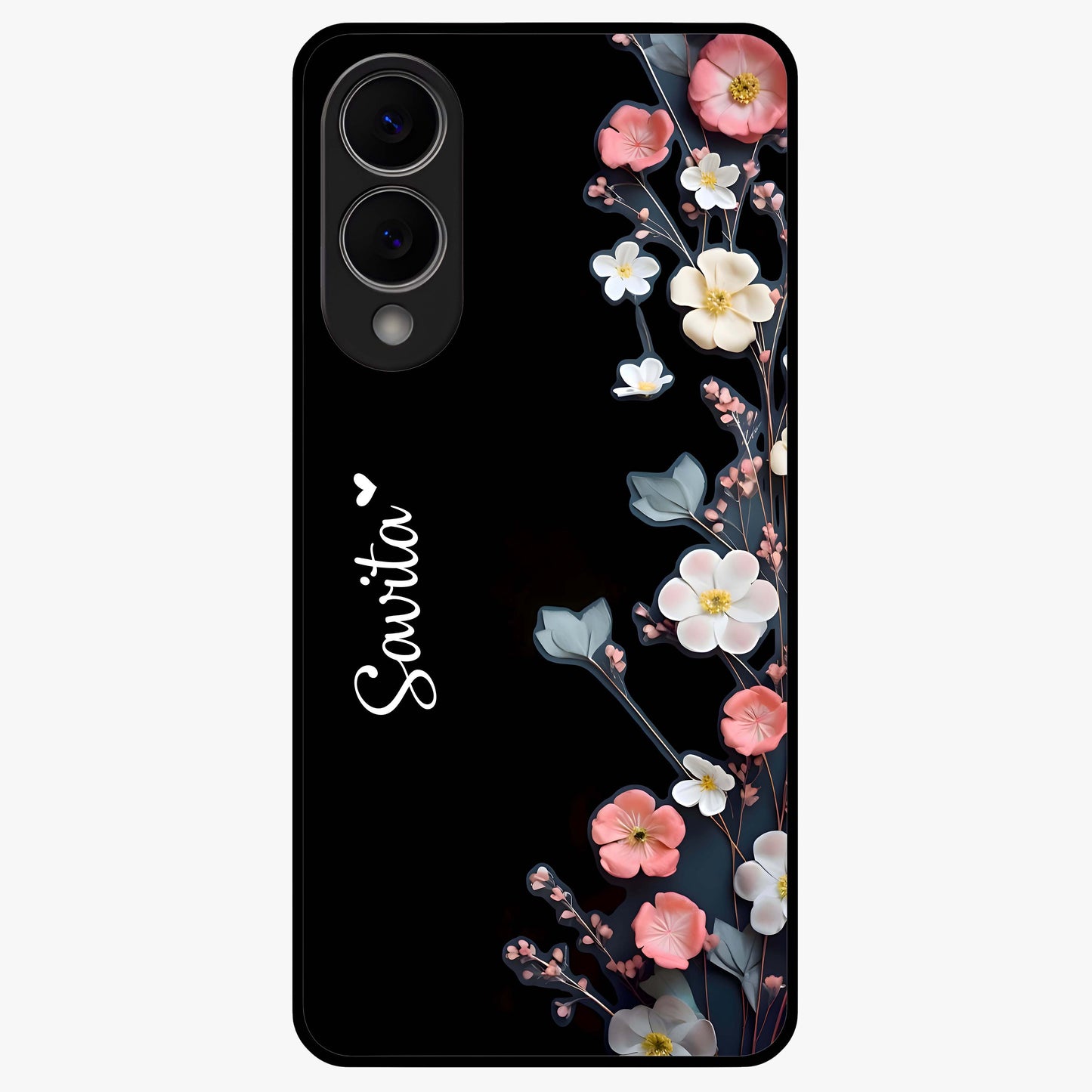 Black Elegance Floral Custom Name Glass Case showing flat back view with elegant floral artwork and personalized name design.