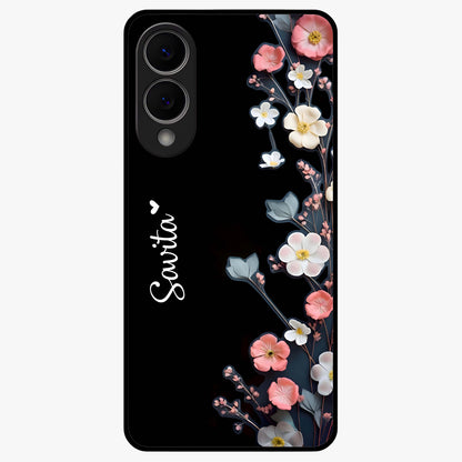 Black Elegance Floral Custom Name Glass Case showing flat back view with elegant floral artwork and personalized name design.