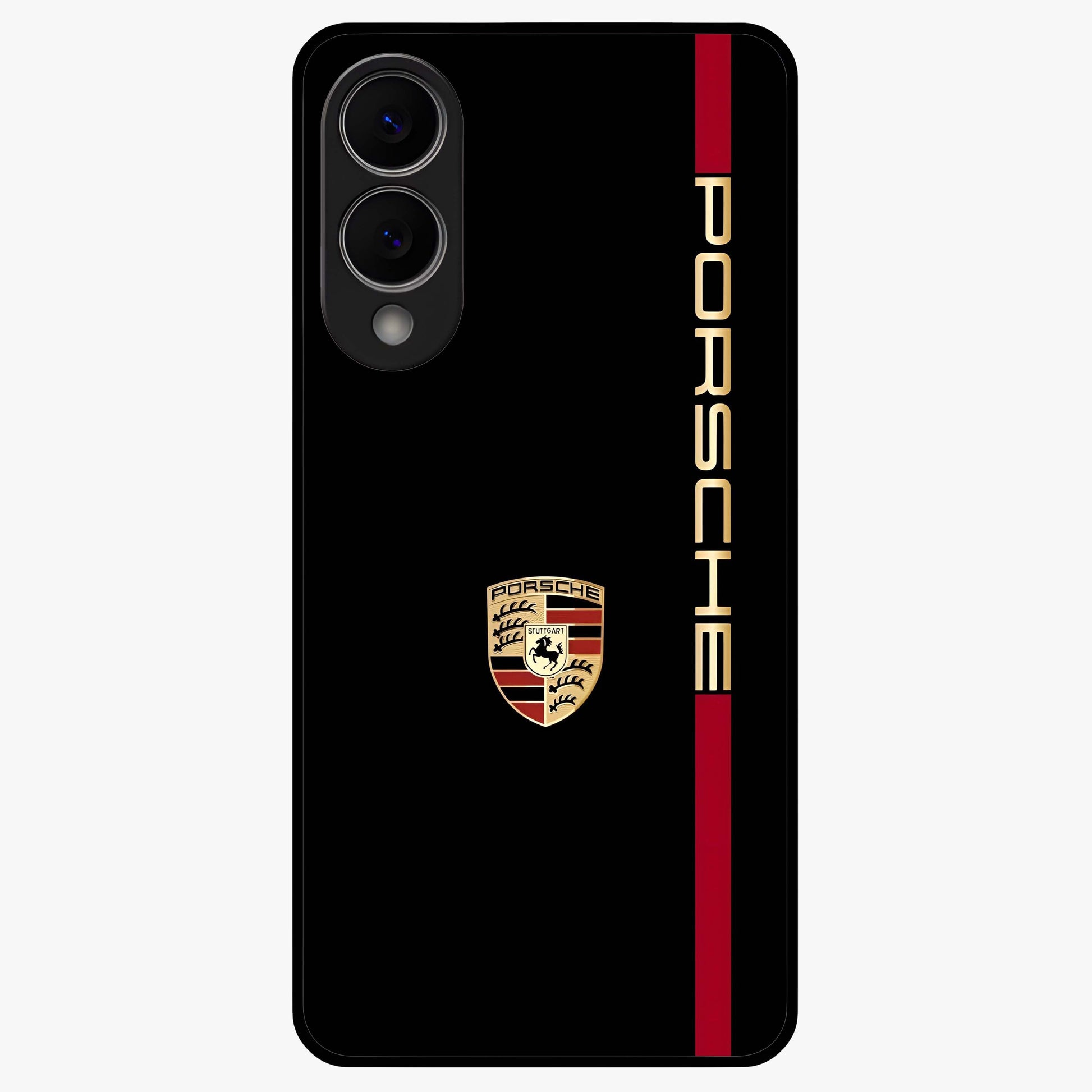 Black Minimal Porsche Glass Case showing flat back view with sleek minimal sports car artwork and glossy glass finish.