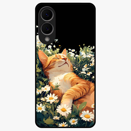 Blissful Bloom Cat Glass Case showing flat back view with cute cat and floral bloom artwork and glossy glass finish.