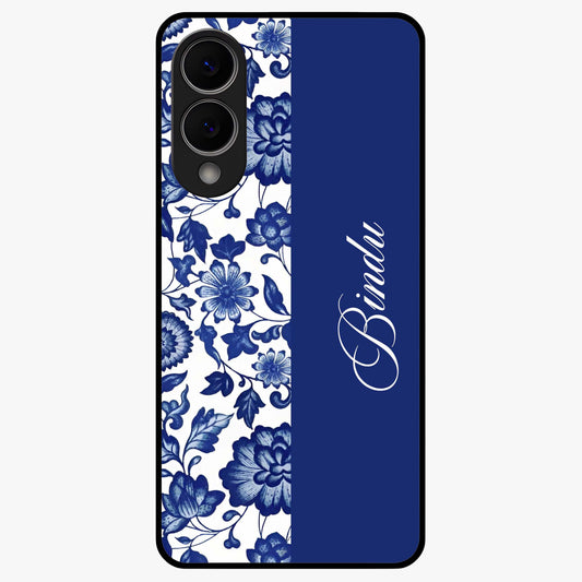 Blue Vintage Floral Pattern Glass Case upright view showcasing timeless floral illustration with vintage inspired style.