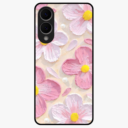 Blush Bloom Texture Glass Case showing flat back view with soft blush floral texture artwork and glossy glass finish.