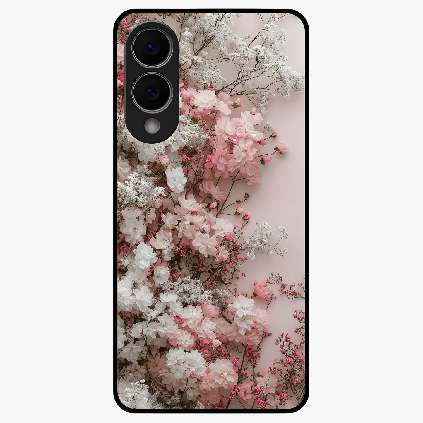 Blush Blossom Cloud Glass Case showing flat back view with dreamy blush cloud blossom artwork and glossy glass finish.