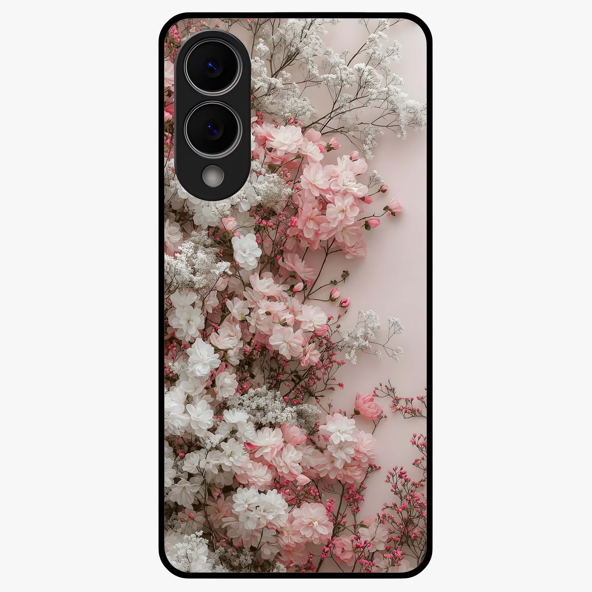 Blush Blossom Cloud Glass Case showing flat back view with dreamy blush cloud blossom artwork and glossy glass finish.