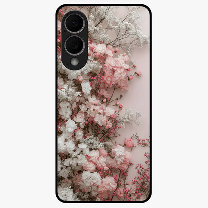 Blush Blossom Cloud Glass Case showing flat back view with dreamy blush cloud blossom artwork and glossy glass finish.