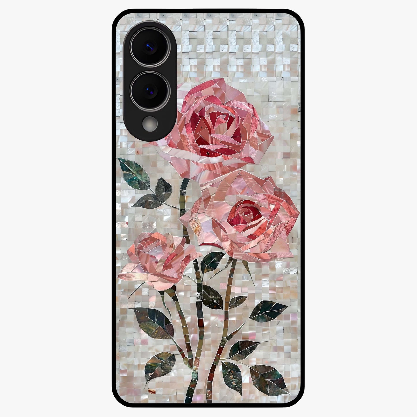 Blush Mosaic Bloom Glass Case showing flat back view with mosaic floral bloom artwork and glossy glass finish.